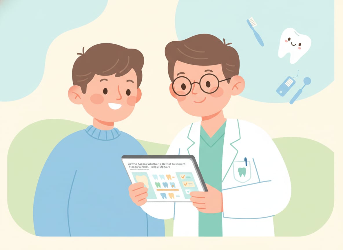 Cartoon dentist explaining post-treatment healing to a smiling patient.