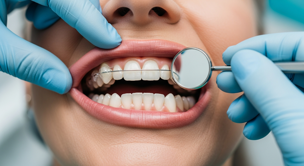 A professional dentist explaining adult braces treatment options and tooth extraction risks to a patient