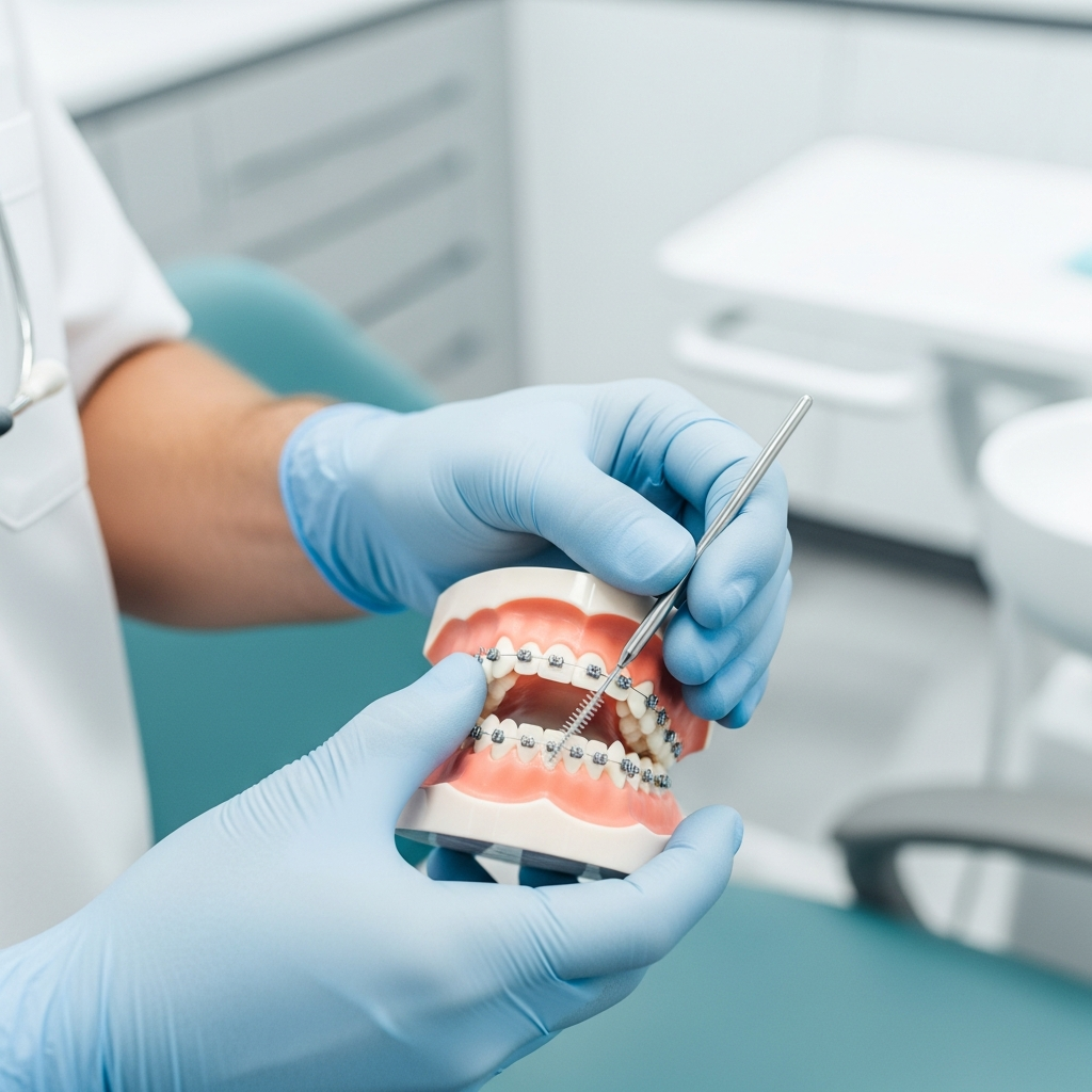 A dentist conducting a detailed oral examination and assessment before adult braces treatment