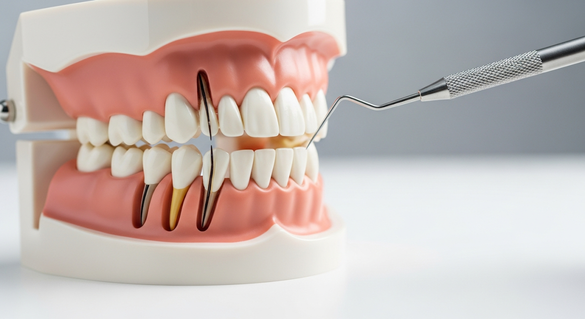 A dentist using dental instruments to assess the degree of gum recession