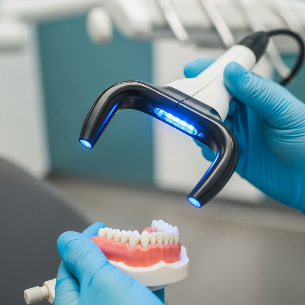 Illustration of blue light whitening treatment being performed at a dental clinic