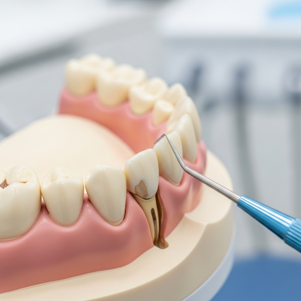 A dentist examining a patient's severe gum recession and exposed tooth roots