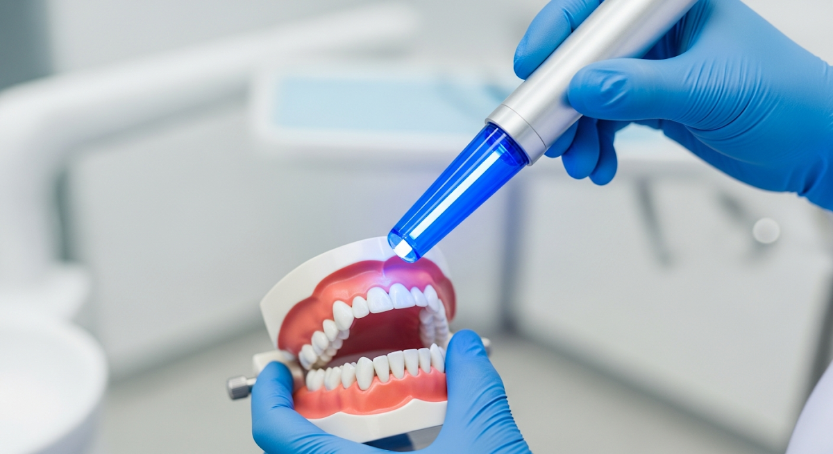 Dentist assessing suitability for blue light whitening and tooth sensitivity risks