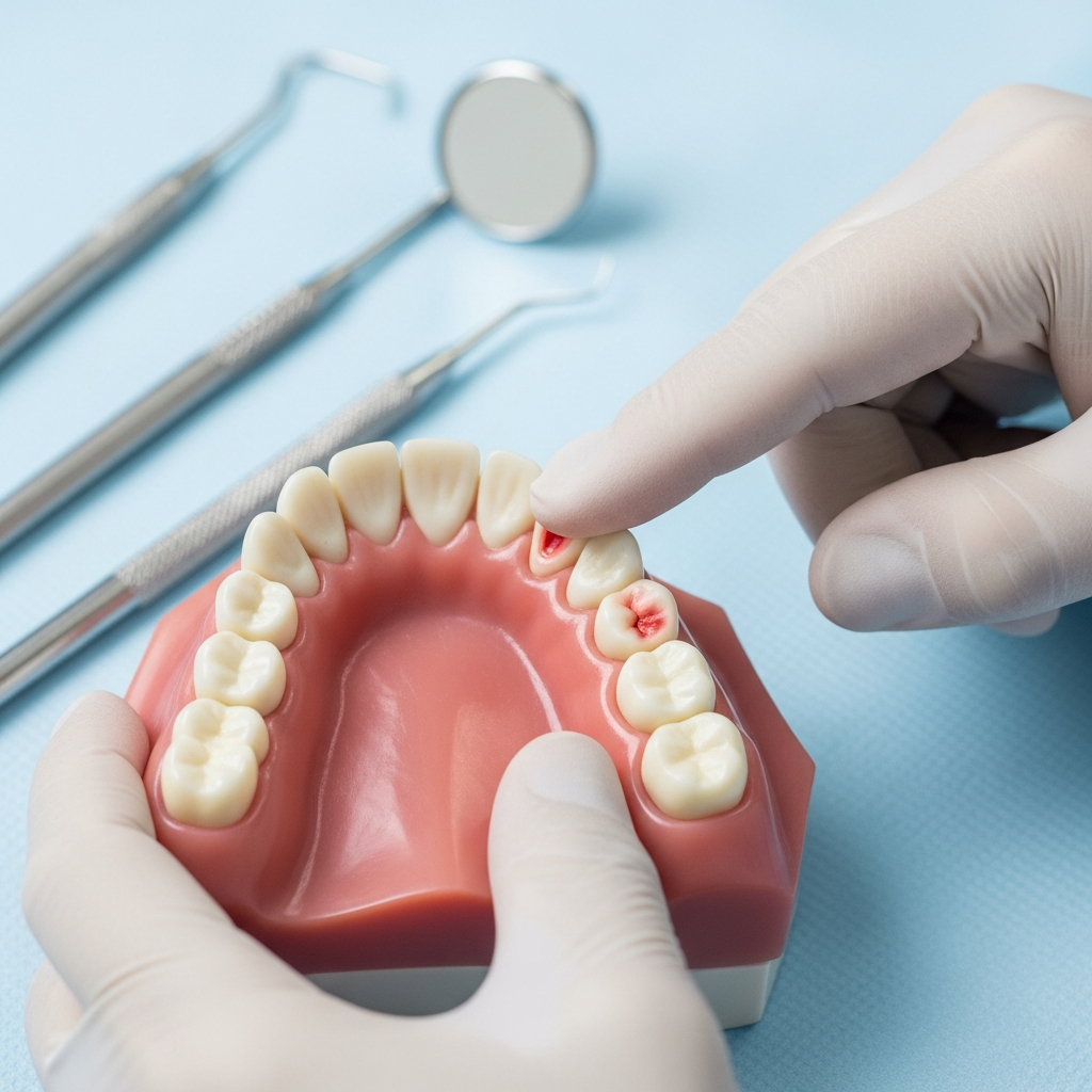 A dentist examining a patient's gum problems and gum health condition