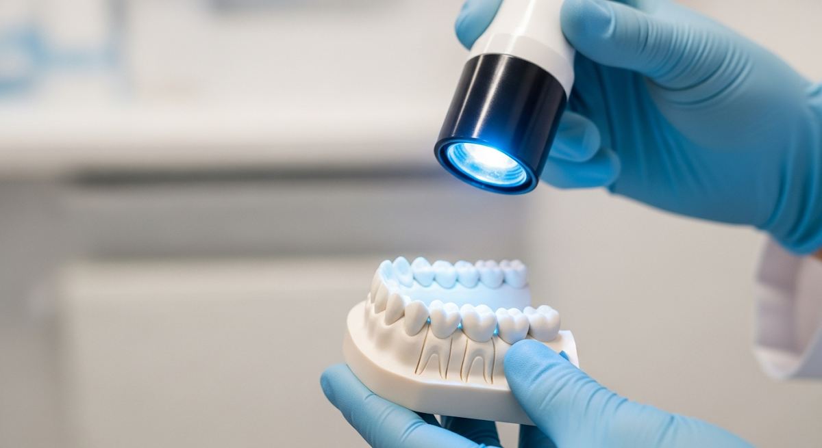 Using desensitising toothpaste and post-care after blue light whitening